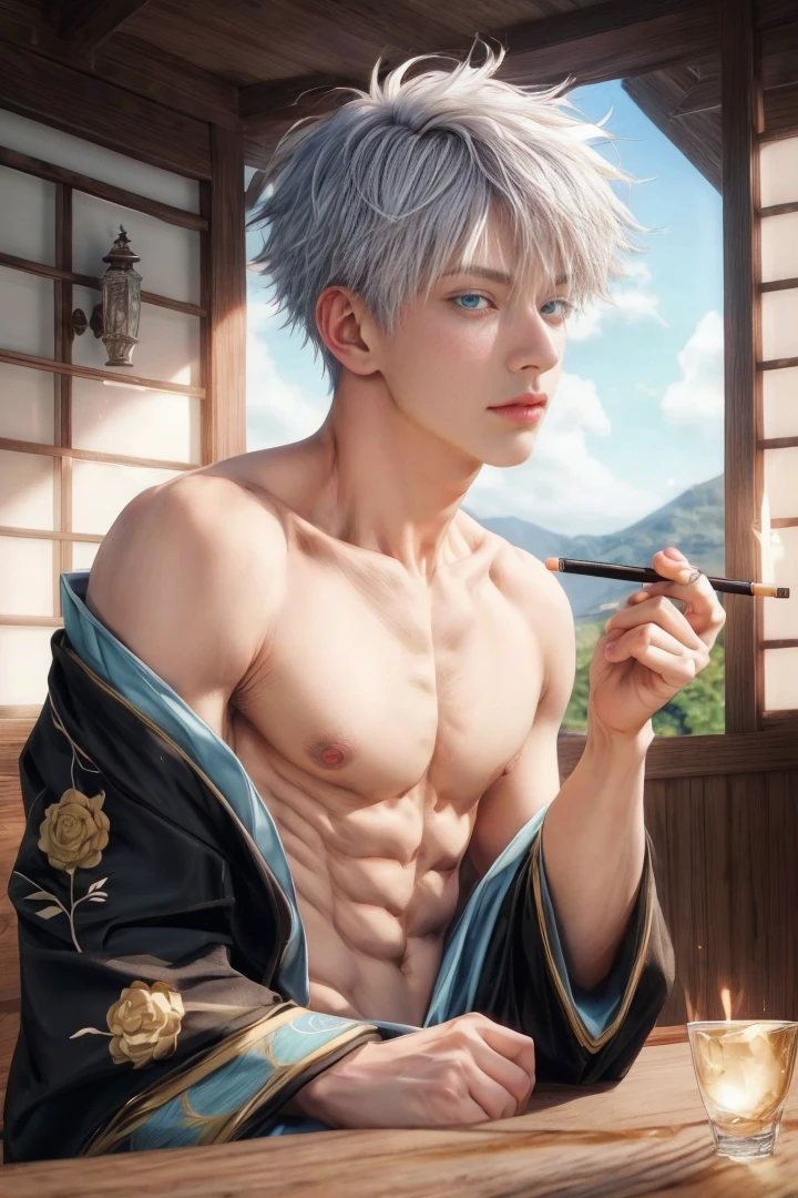 1 male, high resolution 4k, adult, handsome, perfect face detail, detailed eyes and face, clean shaved, sixpack realistic, white eyebrow hair, white eyelashes, torso, Detailed face, perfect face, dynamic lighting, unreal engine, hd picture, satoru gojo, Jujutsu kaisen, white hair, short hair ,hair between eyes ,blue eyes, white skin, Hold a cigarette, Open T-shirt
