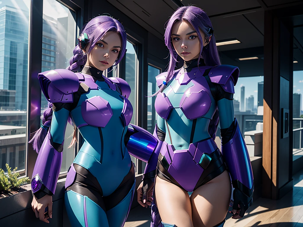 Beautiful Caucasian woman. Slim body. Just one woman. Alone. Only one person in the picture. Western woman. Long hair with 1 braid. Purple hair. Bright purple eyes. Woman doing a sexy Mega Man X cosplay. Her outfit is blue and is a sensual version of the Mega Man X outfit. The woman is in a futuristic city during the day. The place is full of plants and holographic monitors in the windows of the buildings. Dynamic light. Dynamic shadows. High resolution. Detailed.