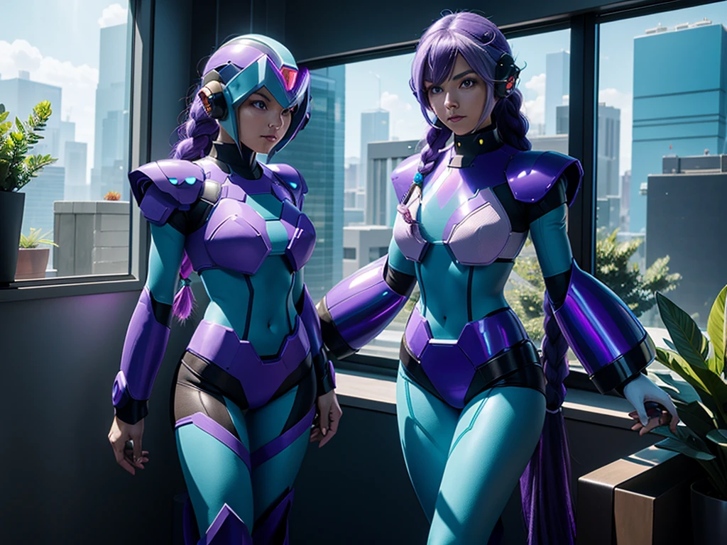 Beautiful Caucasian woman. Slim body. Just one woman. Alone. Only one person in the picture. Western woman. Long hair with 1 braid. Purple hair. Bright purple eyes. Woman doing a sexy Mega Man X cosplay. Her outfit is blue and is a sensual version of the Mega Man X outfit. The woman is in a futuristic city during the day. The place is full of plants and holographic monitors in the windows of the buildings. Dynamic light. Dynamic shadows. High resolution. Detailed.