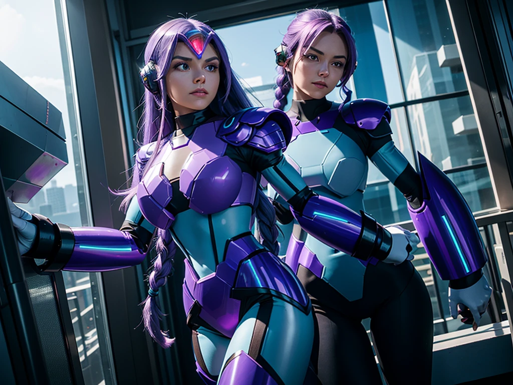 Beautiful Caucasian woman. Slim body. Just one woman. Alone. Only one person in the picture. Western woman. Long hair with 1 braid. Purple hair. Bright purple eyes. Woman doing a sexy Mega Man X cosplay. Her outfit is blue and is a sensual version of the Mega Man X outfit. The woman is in a futuristic city during the day. The place is full of plants and holographic monitors in the windows of the buildings. Dynamic light. Dynamic shadows. High resolution. Detailed.