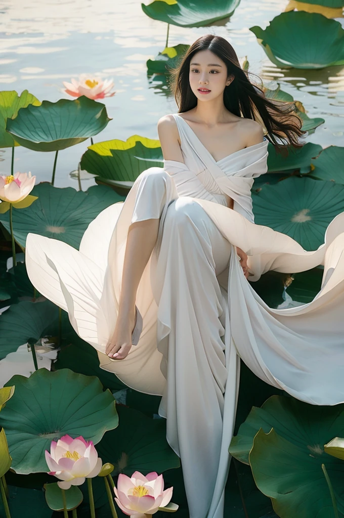 light pink and light white shades,Full body female love, White background, natural lighting, Light effect, minimalist, elegant, pure tenderness, soft light lighting, realistically. a woman is (clavicle, bshoulder,) placed in a (pray and stand) super giant lotus,The petals are big and long (The petals are thin, soft gauze, Full background of flowing petals, floating petals, super flying petals, Mixed effect of smoke and petals), lotus dress,((perspective)).lotus_leaf_fairy,anatomically correct,((Best quality)), ((Masterpiece)), ((Realistic))