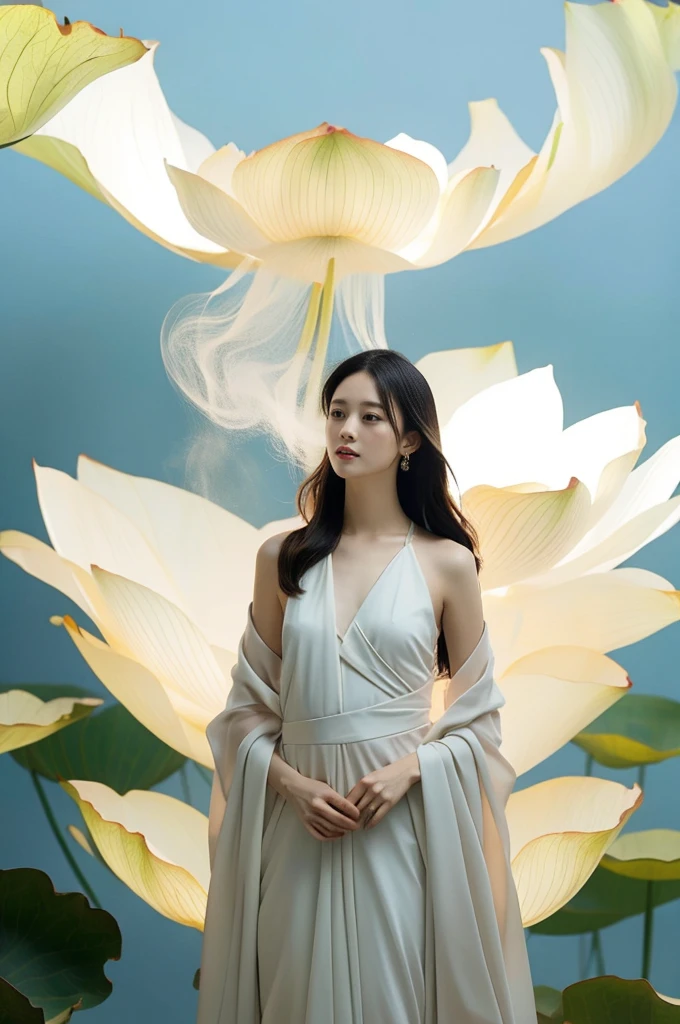 light pink and light white shades,Full body female love,  White background, natural lighting, Light effect, minimalist, elegant, pure tenderness, soft light lighting, realistically. a woman is (clavicle, bshoulder,) placed in a (pray and stand) super giant lotus，The petals are big and long (The petals are thin, soft gauze, Full background of flowing petals, floating petals, super flying petals, Mixed effect of smoke and petals), lotus dress,((perspective)).lotus_leaf_fairy，anatomically correct，((Best quality)), ((Masterpiece)), ((Realistic))