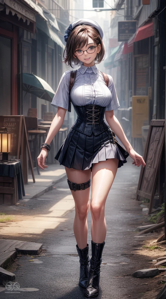 8K, masutepiece, Raw photo, Best Quality, Photorealistic, Highly detailed CG Unity 8k wallpaper, depth of fields, Cinematic Light, Lens Flare, Ray tracing, (Extremely beautiful face, Beautiful lips, Beautiful eyes), intricate detail face, ((Ultra detailed skin)) 1girl in, In the Dark, deepshadow, Pretty Korean girl, Kpop Idol, 1 girl, (Very slim and slender fit muscular body:1.3), ((Looking at Viewer)),(Big smile:1.3), (Blurred background),(No people in the background:1.3), Beautiful earrings, Bracelets, Clear eyes, Walking, (pale skin), (Big eyes), Face forward, (Brown hairs), (Full body shot), , ((blue high waist skirt)), , (Looking at Viewer:1.3) opened , Very slim, medium breastforcus, Bre the eyebrows, thick thighs((whiteshirt:1.3)), (double-breasted,Underbu), Short sleeves, buttonGap,Frameless gls,Corset Belt,Beautiful short hair,Brown hair,Black Bolero,