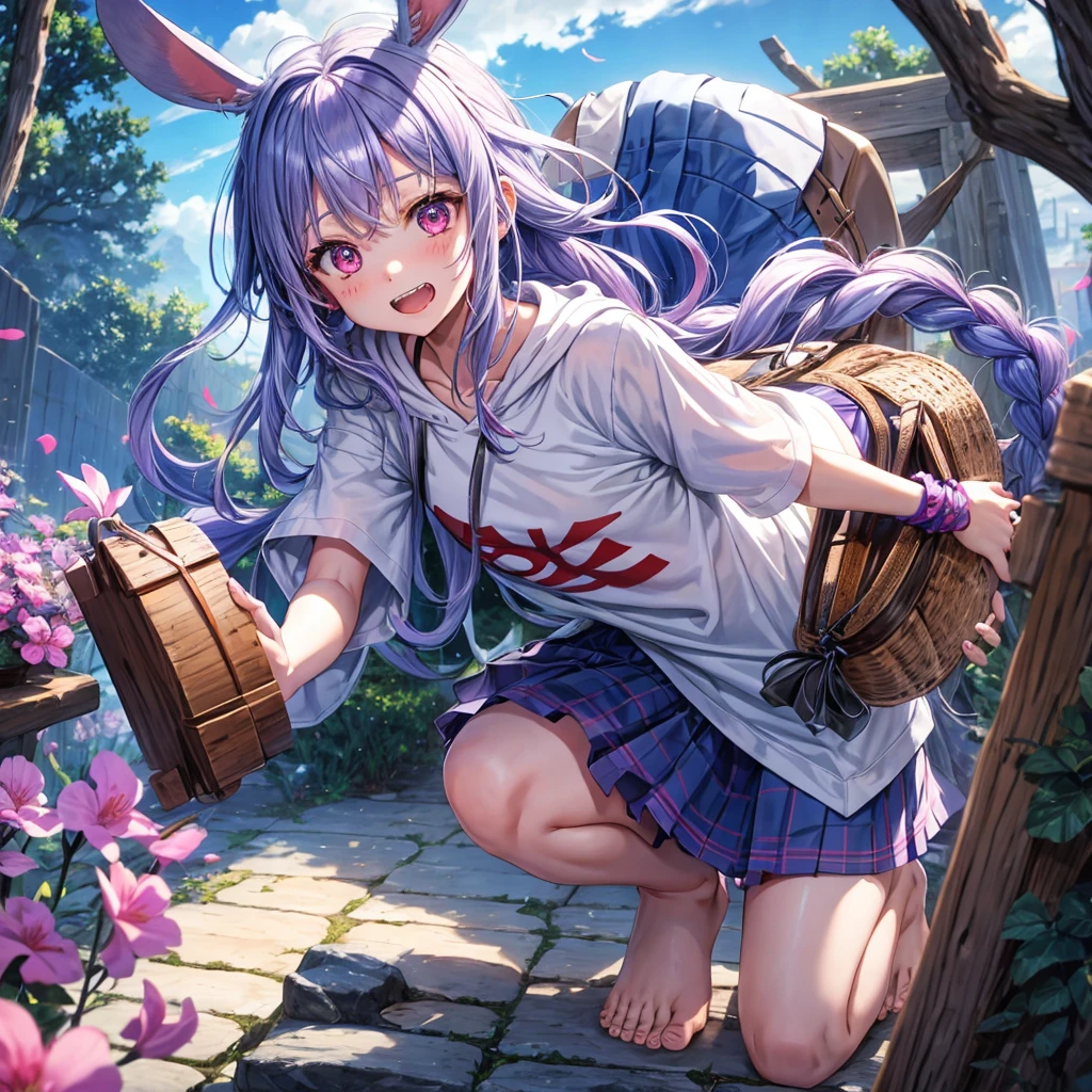 Blue-light purple hair、Red eyes、Braid、bandana、One cute girl、solo、And soul、Light clothing、Checked mini skirt、petal、Wet hair、black t-shirts、Rabbit Hoodie、large tree、cloud、Red full moon、desert、barefoot、Stones are piled up、Teeth are visible、Secret Treasure、Fortress City、Tilting face、Pedalling a bicycle