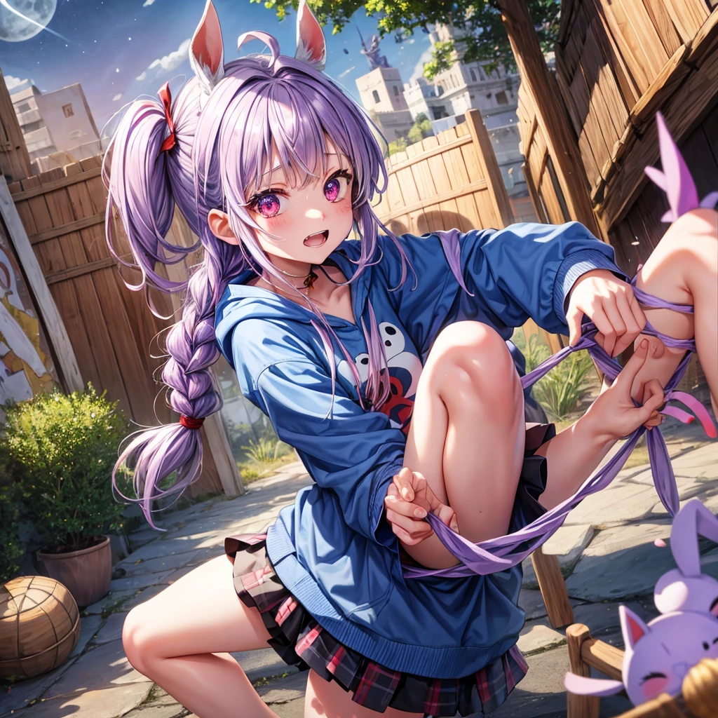 Blue-light purple hair、Red eyes、Braid、bandana、One cute girl、solo、And soul、Light clothing、Checked mini skirt、petal、Wet hair、black t-shirts、Rabbit Hoodie、large tree、cloud、Red full moon、desert、barefoot、Stones are piled up、Teeth are visible、Secret Treasure、Fortress City、Tilting face、Pedalling a bicycle