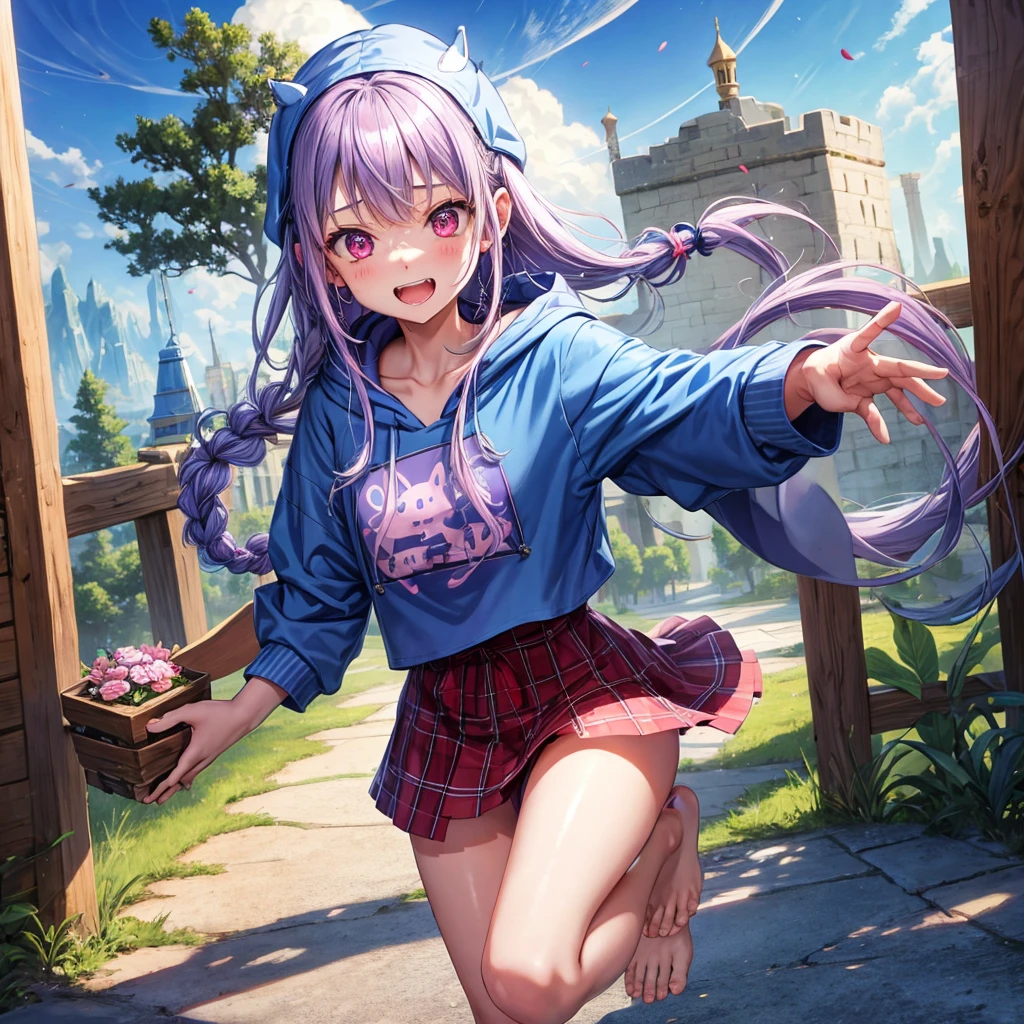 Blue-light purple hair、Red eyes、Braid、bandana、One cute girl、solo、And soul、Light clothing、Checked mini skirt、petal、Wet hair、black t-shirts、Rabbit Hoodie、large tree、cloud、Red full moon、desert、barefoot、Stones are piled up、Teeth are visible、Secret Treasure、Fortress City、Tilting face、Pedalling a bicycle