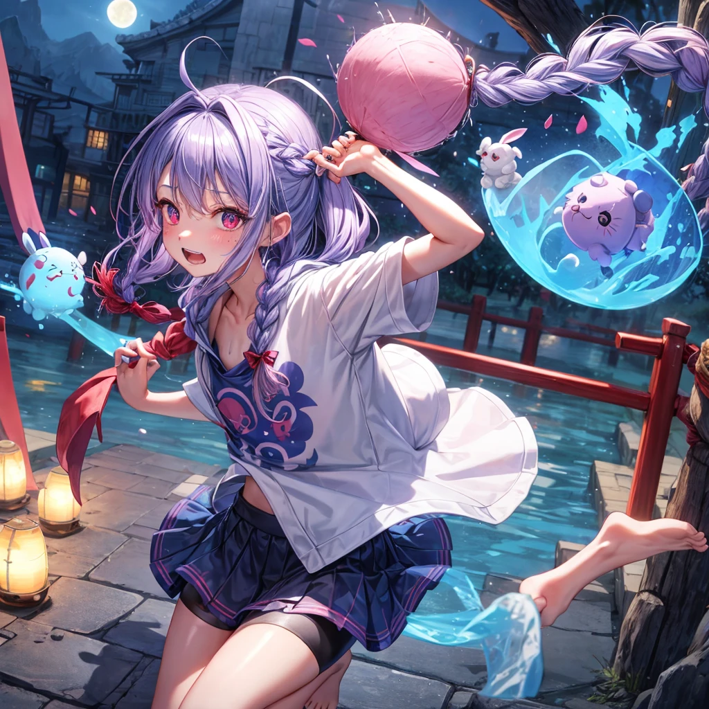 Blue-light purple hair、Red eyes、Braid、bandana、One cute girl、solo、And soul、Light clothing、Checked mini skirt、petal、Wet hair、black t-shirts、Rabbit Hoodie、large tree、cloud、Red full moon、desert、barefoot、Stones are piled up、Teeth are visible、Secret Treasure、Fortress City、Tilting face、Pedalling a bicycle