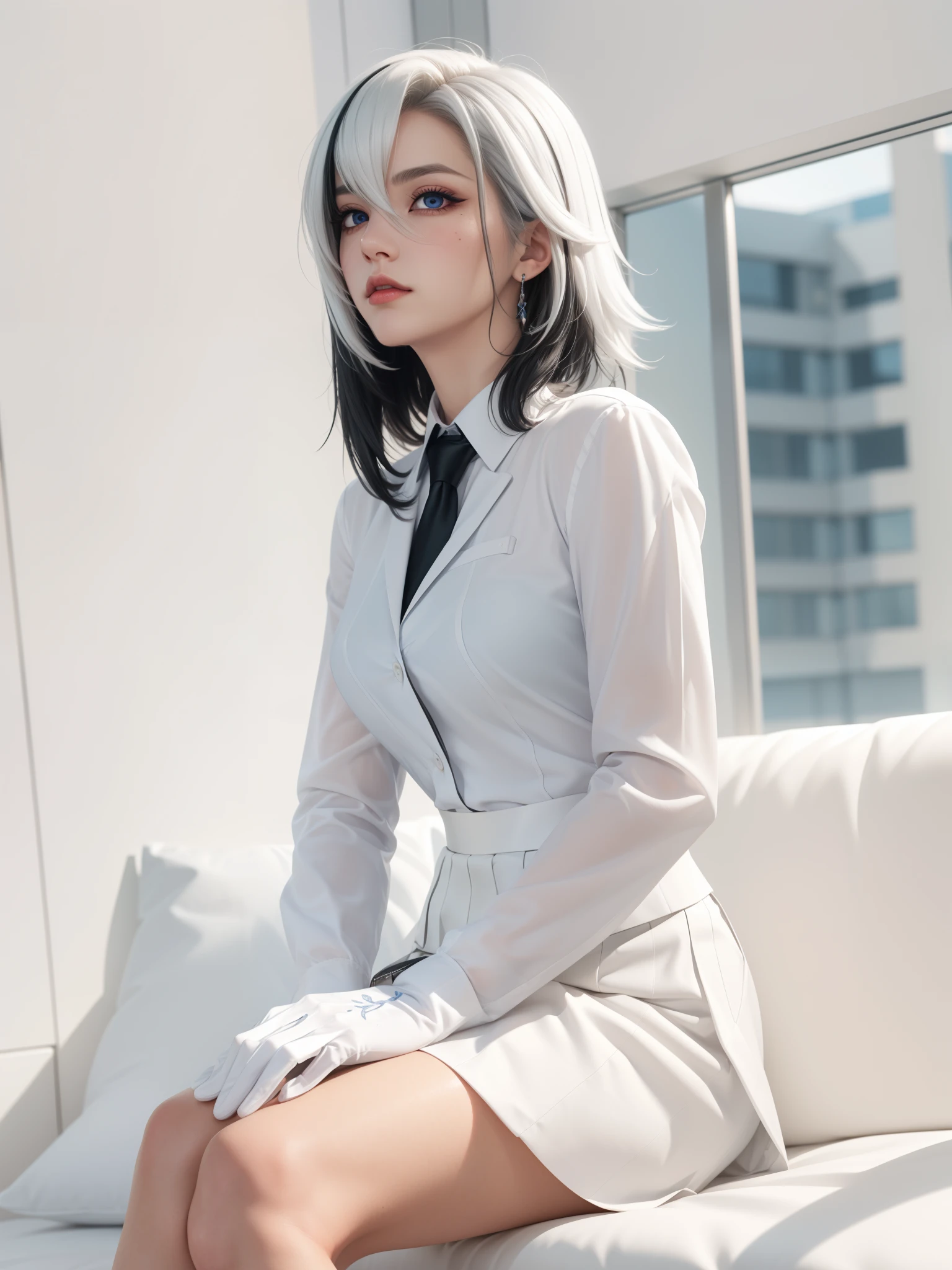 1girl, solo, white hair, black hair, multicolored hair, black eyes, x-shaped pupils,
BREAK (({Black business suit:1.40},{tie:1.20},{White gloves:1.15},{ White shirt:1.10}, {Black Skirt:1.15}, good looking:1.5))
BREAK expressionless, looking at viewer, sitting,
BREAK (masterpiece:1.2), best quality, high resolution, unity 8k wallpaper, (illustration:0.8), (beautiful detailed eyes:1.6), extremely detailed face, perfect lighting, extremely detailed CG, (perfect hands, perfect anatomy),