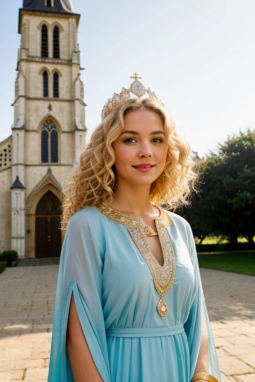 A blonde woman with curls with the face of an angel wearing a white diamond and gold crown, a bright blue tunic and a caacupe church behind her