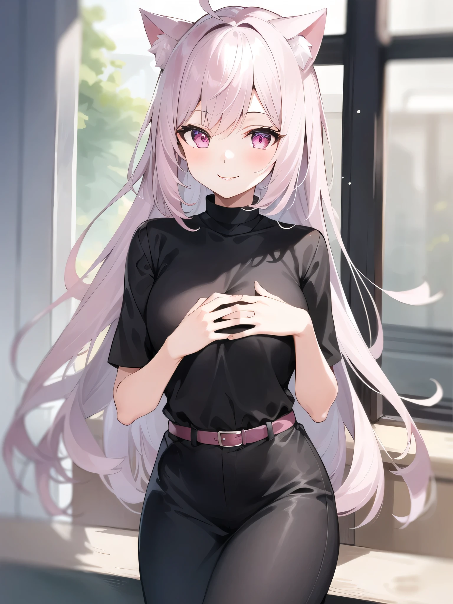 1Girl,Center of chest,pretty girl,Cat ear,Beautiful silver hair,Pink inside,Beautiful pink eyes,black shirt,black skirt,dark,smile
