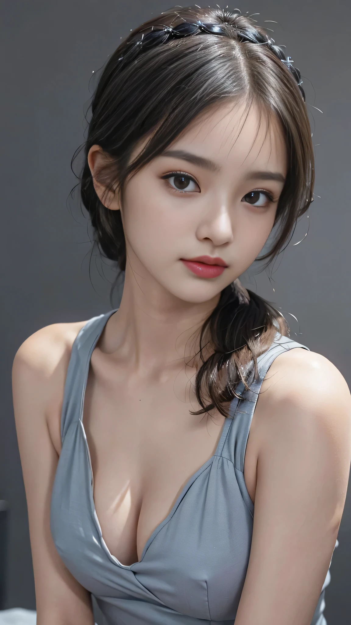 Bust Shot,Commercials for luxury cosmetics style,Commercial filming studio,The background is all gray,The Skyblue dress features a sleeveless, fitted bodice with a decorative ribbon,The background is all gray,The highest image quality, High quality, the background is clear,Beautiful woman, Japanese,Ultra-detailed, finely detail, hight resolution, 8k Wallpaper, Perfect dynamic composition, Beautiful detailed eyes , Detailed, Detailed eyes, Detailed skin, Beautiful skin, 超hight resolution, (reality: 1.4),Very beautiful woman, Slightly younger face, Beautiful skin, Slender, (Ultra photo realsisim), (hight resolution), (8k), (Very detailed) (beautifully detailed eyes), (super detailed), (Detailed face), view the viewer, Fine details, Detailed face, Staring straight ahead, Staring straight ahead, photos realistic, Bright lighting, Professional Lighting, Black hair,poneyTail,a baby face,sixteen years old,Hairstyle: ponytail,Long ponytail hairstyle,slight smile,Beautiful Japanese KPOP idol photo, hair style is ponytail, my eyes are double and wide, baby face, smile and look straight ahead, Slender, small breasts,