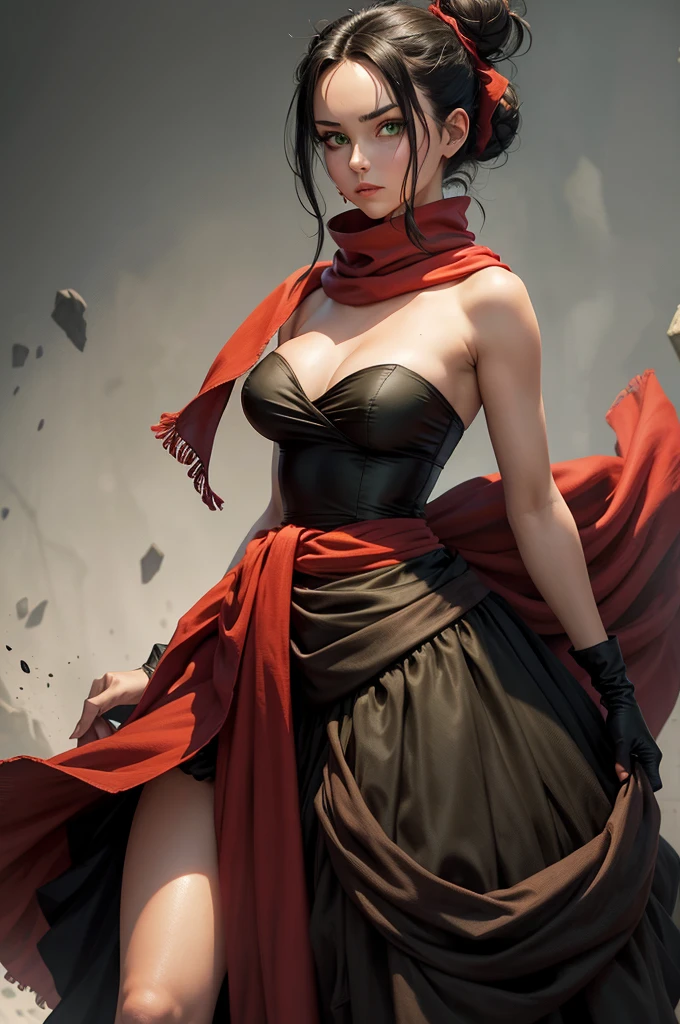 fullbody view, female, intense green eyes, black hair tied to a bun, strapless full dress, red scarf around her neck, long silk gloves, a fabric is wrapped around her waist
