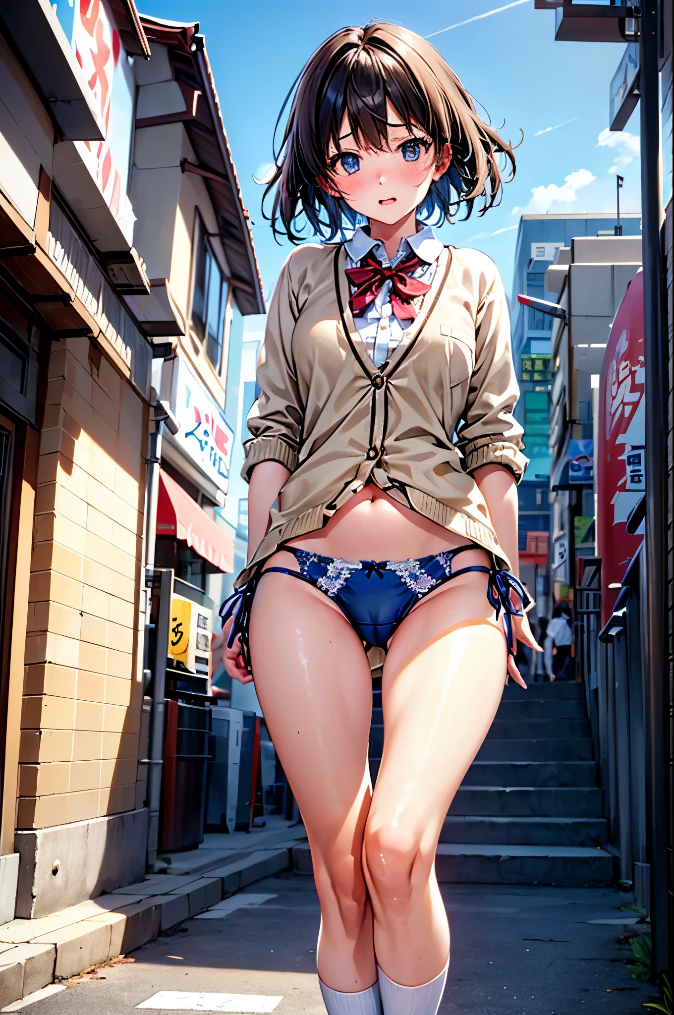 (((masterpiece, Highest quality, High resolution, 超High resolution, Perfect Pixel, Depth of written boundary, 4K, RTTX 10.0))), Beautiful Anime Woman, Beautiful art style, Anime characters, ((Smooth texture, Realistic texture, Anime CG Style)), Exact finger count、Exact number of legs、(Exact number of arms:1.0, Exact number of hands:1.0), (Perfect hands, Perfect Anatomy), Cinematic, Realistic, Extremely detailed CG, Daytime lighting, Perfect lighting, Best Shadow, The best natural light, whole body, Perfect body, Slender body, ((bangs, Dark brown hair, Stylish hairstyle)), (一人の大人の女性がstageを歩いている.:1.4), (Beige cardigan, Checkered micro mini skirt, Knee socks:1.3)、Angle from directly below the rear, ((Sexy and stylish adult blue underwear:1.3), (Stylish shiny blue satin panties, Side-tie blue panties, Blue panties with lace trim:1.3), (Thin panties with red ribbon:1.3)), (blush:1), (Very embarrassed look:1.4), (City hustle and bustle, Buildings on the background, Sidewalk, Intersection in the background, Akihabara-like streetscape, Many people dressed in clothes in the background々,stage:1.4)