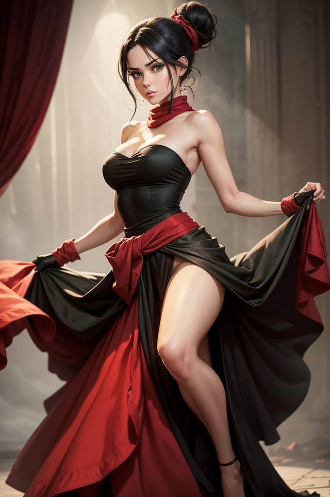 fullbody view, female, intense green eyes, black hair tied to a bun, strapless full dress, red scarf around her neck, long silk gloves, a fabric is wrapped around her waist