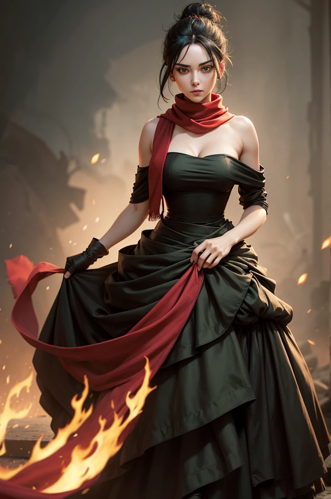 fullbody view, female, intense green eyes, black hair tied to a bun, strapless full dress, red scarf around her neck, long silk gloves, a fabric is wrapped around her waist