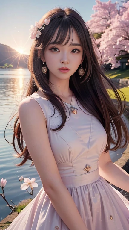 (logo、masterpiece、8k、Tabletop、RAW Photos、wonderful、最high quality、Photorealistic and very detailed CG integrated 8k wallpaper、high quality、Very detailed、Narrative poem、Particle Effects、Dynamic Effects、Written boundary depth、Cinematic Light、Lens flare、Ray Tracing)、Fantasy、 (One beautiful woman、dress、dress、Cherry blossom pattern、Black-haired、Beautiful Face、True Face、Beautiful details、eye、Beautiful Skin)、My hair dances in the wind、Hair flutters in Wind、Hair bounces、Pink cherry blossom tree、Petals fluttering、SakuraFubuki、Wonderful views、sunrise、Sun in the background、Wind、