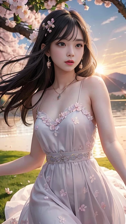 (logo、masterpiece、8k、Tabletop、RAW Photos、wonderful、最high quality、Photorealistic and very detailed CG integrated 8k wallpaper、high quality、Very detailed、Narrative poem、Particle Effects、Dynamic Effects、Written boundary depth、Cinematic Light、Lens flare、Ray Tracing)、Fantasy、 (One beautiful woman、dress、dress、Cherry blossom pattern、Black-haired、Beautiful Face、True Face、Beautiful details、eye、Beautiful Skin)、My hair dances in the wind、Hair flutters in Wind、Hair bounces、Pink cherry blossom tree、Petals fluttering、SakuraFubuki、Wonderful views、sunrise、Sun in the background、Wind、