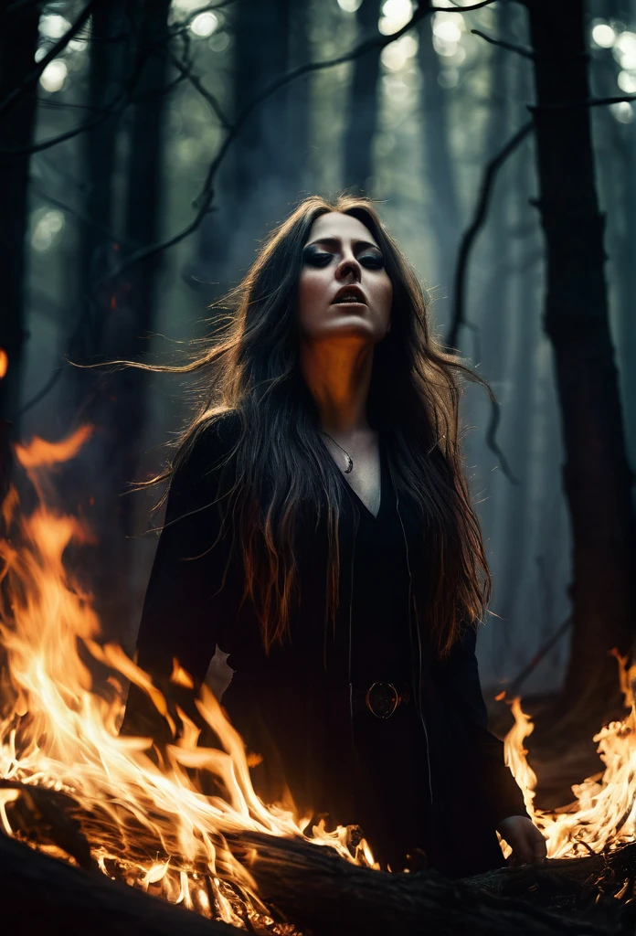 A melancholic female vocalist performing doom metal in a dark and atmospheric forest, with flickering flames, detailed portrait, hyper realistic, dramatic lighting, cinematic composition, deep shadows, glowing eyes, dramatic expression, long hair flowing, black clothing, moody colors, cinematic rendering, digital art
