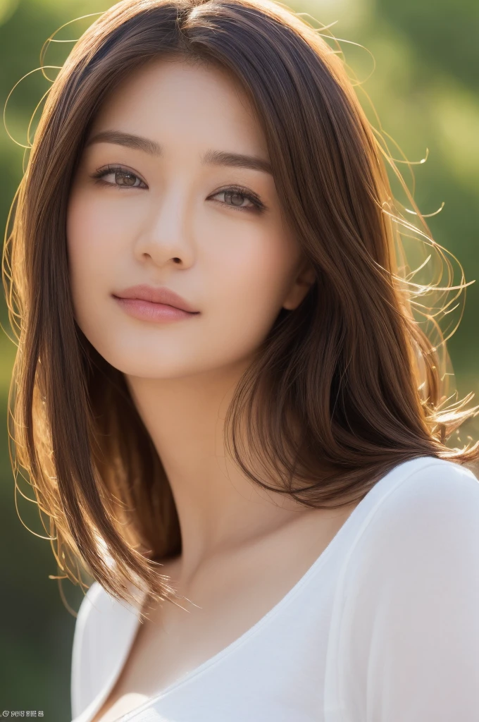  Brown-haired woman 30 years old、unclean、Lens flare、(8K、born、professional、highest quality、masterpiece:1.2)、(realistic、Photoreal:1.37)、super detailed、(best detailed skins:1.2)、(Supreme Detail Face:1.2)、movie lighting、1 female、Japanese、Short-cut brown hair、(the wind is strong)、warm white light、shy smile、Photographed from the front、((highest quality、8K、masterpiece:1.3))、beautiful woman with perfect figure:1.4、、((dark brown hair、big breasts:1.2))、Highly detailed face and skin texture、detailed eye、double eyelid、big breasts、gender　Wearing a plain white round neck T-shirt　Tokyo city　whole photo　Cafe