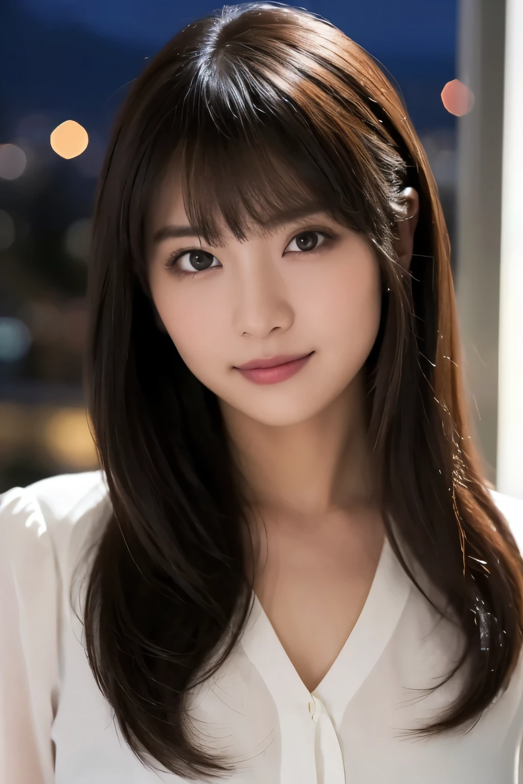 1 girl, (Wear a platinum blouse), Raw photo, highest quality, Photoreal, very delicate and beautiful, very detailed, 8k wallpaper, soft light, beautiful girl, very detailed目と顔, beautifully detailed nose, detailed and beautiful eyes, night city lights, perfect anatomy, slender body, taut, straight semi-long hair, bangs, ((looking at the viewer)), slight smile