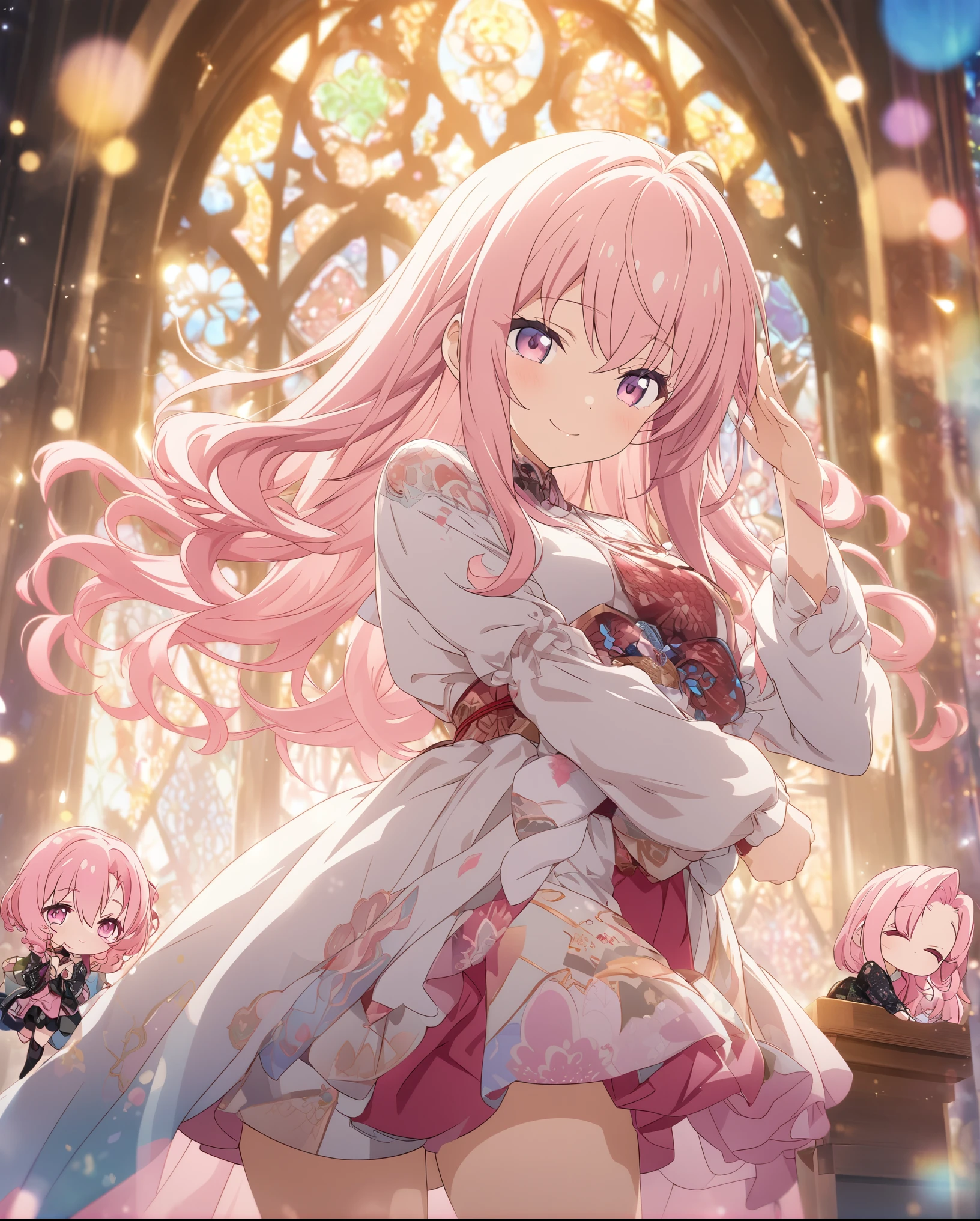 Twin girls, masterpiece, Highest quality, Highly detailed CG Unity 8K wallpapers, High School Girl Anime Illustration, Costumes with Japanese patterns、salute、she has her eyes closed and mouth open, smile. Stained glass background, Pink Hair Color, Pink Eyes, Pink eyelashes, Cowboy Shot, morning, Bokeh, (Soft Focus):1.2, Out of focus highlights, Dreamy atmosphere, Fascinating Depth, chibi, Fantasy