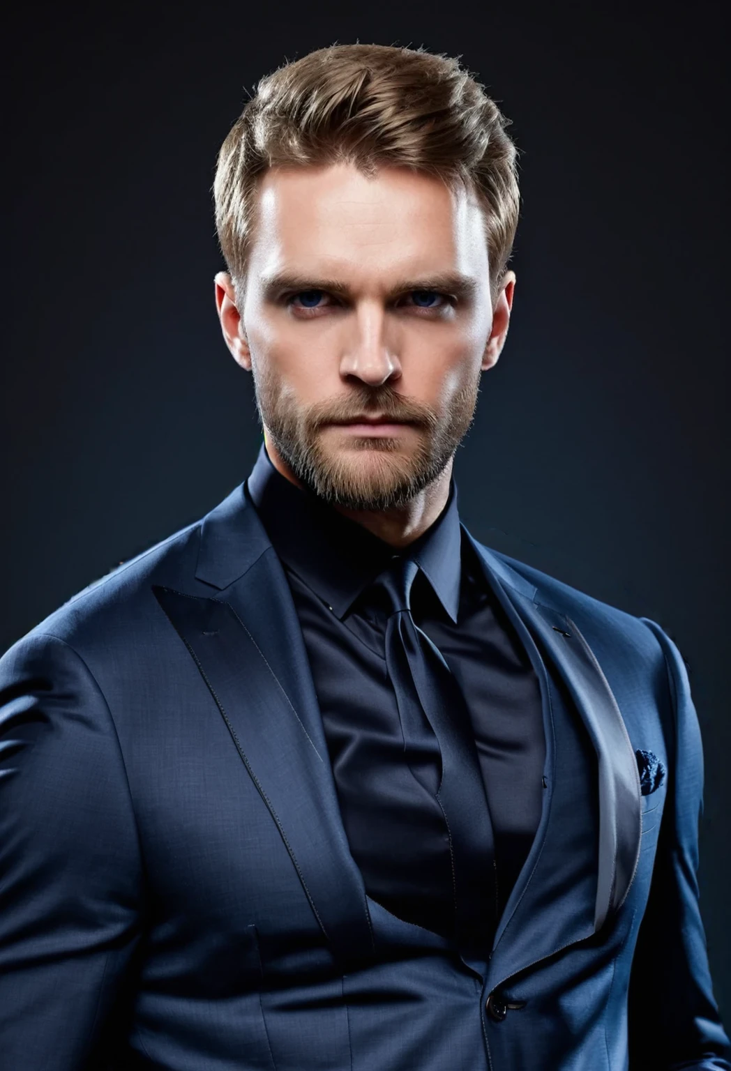 wearing soft navy blue suit with soft light blue shirt, elegant, stylish