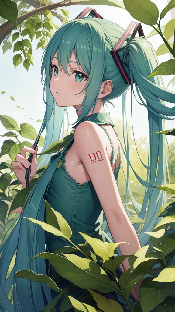 botanical illustration, masterpiece, best quality, classic, extremely detailed, leaves, Hatsune Miku,
