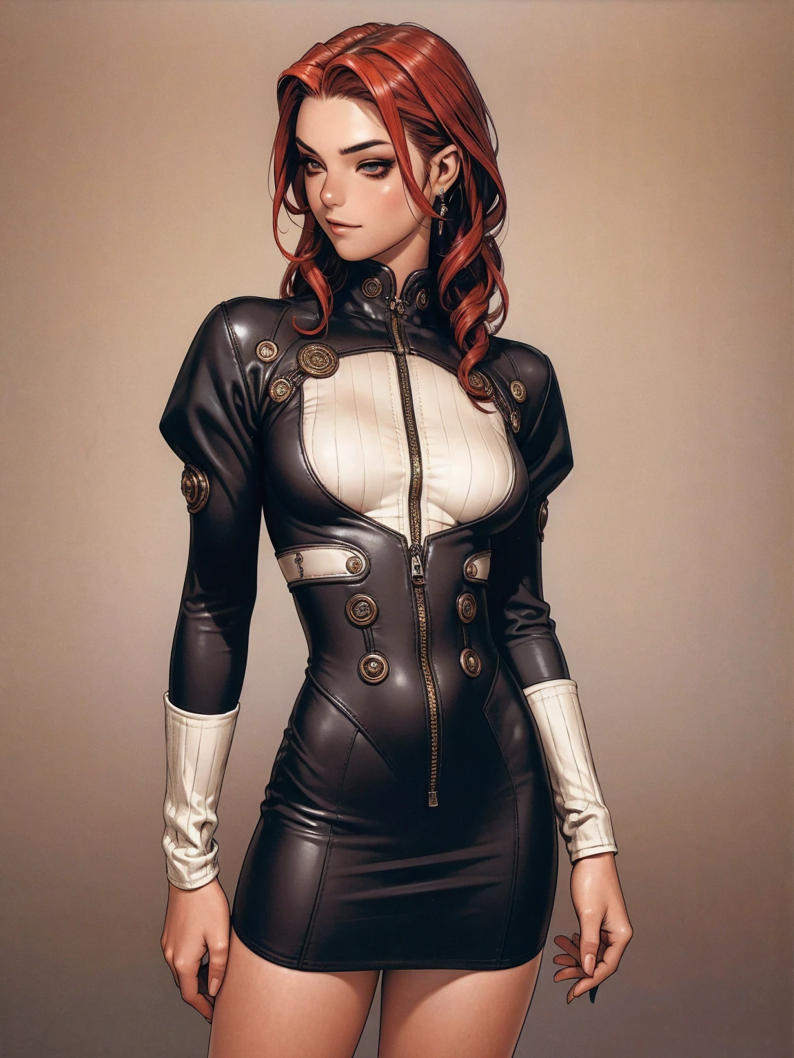 (best qualityer))), (((manga strokes))), (((black curly hair with red highlights))), tiara, uma Kizi jovem muito bem vestida com micro vestido plissado com costuras verticais, beautiful and expressive face, slightly-smile, big eyes with long black eyelashes, heavy make-up, chains and zippers spread across clothes, contrasting colours, pose de atitude, hair with a modern and futuristic cut, urban game poster art, dramatic camera angles, graffiti art elements in the background, design mixing contemporary and retro by Shepard Fairey, (((cowboy shot))), (((best qualityer: 1.4))), (Unbeatable masterpiece), (hiper HD),(CG 8k hyper-realistic), Kizi, (((standing alone))), pirralha violent, ((())), sexly, pose de atitude, work of art, post-apocalypse, (((manga style))), bounty hunter, violent, Manic, the way you want, slenderbody, thin but strong, perfectbody, roupa moderna, advanced technology, neon, sleeves with vertical striped pattern, neutral background, (( cowboy shot )). intricate visual