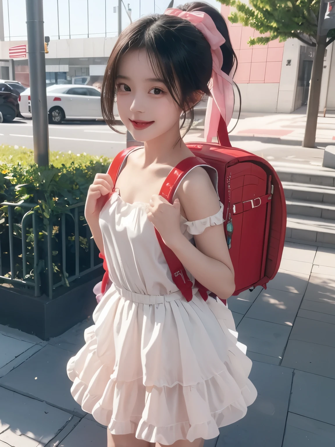 Masterpiece, hd, realistic, black hair, asian girl, ponytail, hair ribbon, 18 y.o, 1girl wearing a pink idol dress (idol dress) layered skirt, frills, ribbon, bow, sequins, smile, (Blonde hair), outdoor, ponytail, standing, outdoor, wearing school backpack, (red backpack:1.2)