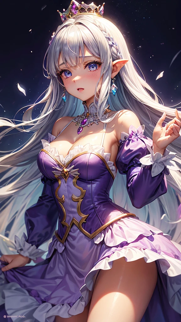 Princess, princess dress, purple dress, puffy sleeves, breasts, tan skin, crown, long hair, silver hair, blue eyes, teasing, diamonds, jewelry, earings, water, wet, 1girl, solo, mastrpiece