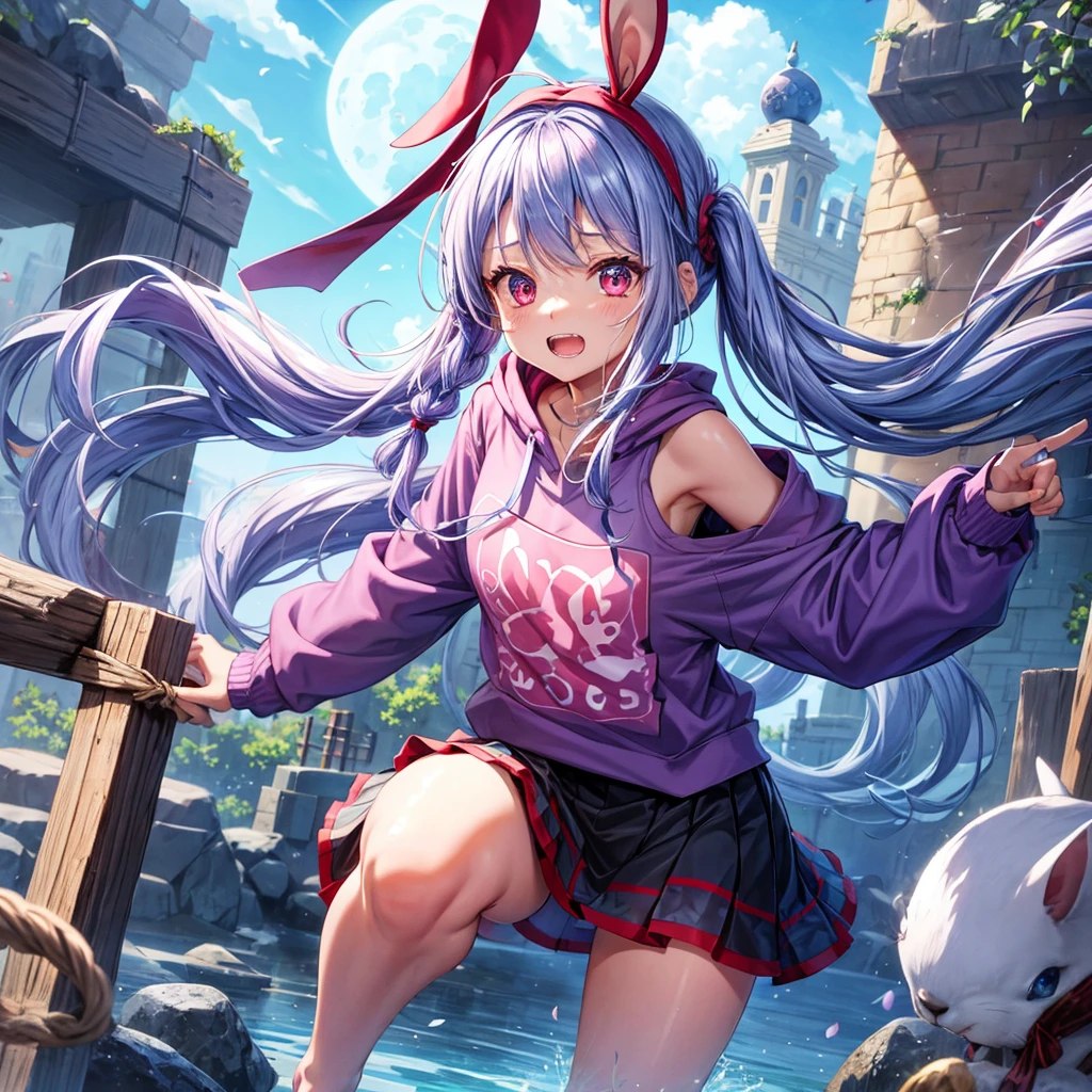 Blue-light purple hair、Red eyes、Braid、bandana、One cute girl、solo、And soul、Light clothing、Checked mini skirt、petal、Wet hair、black t-shirts、Rabbit Hoodie、large tree、cloud、Red full moon、desert、barefoot、Stones are piled up、Teeth are visible、Secret Treasure、Fortress City、Tilting face、Pedalling a bicycle