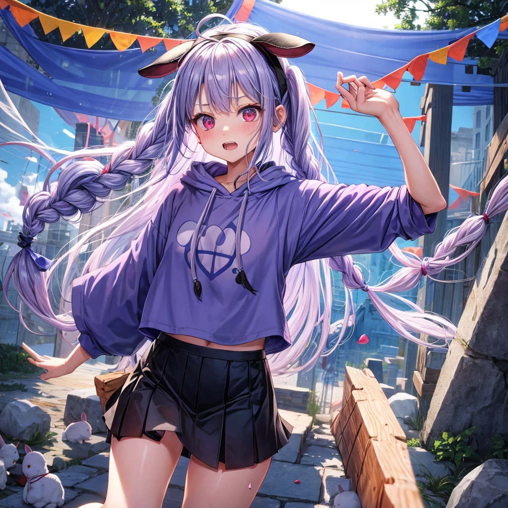 Blue-light purple hair、Red eyes、Braid、bandana、One cute girl、solo、And soul、Light clothing、Checked mini skirt、petal、Wet hair、black t-shirts、Rabbit Hoodie、large tree、cloud、Red full moon、desert、barefoot、Stones are piled up、Teeth are visible、Secret Treasure、Fortress City、Tilting face、Pedalling a bicycle