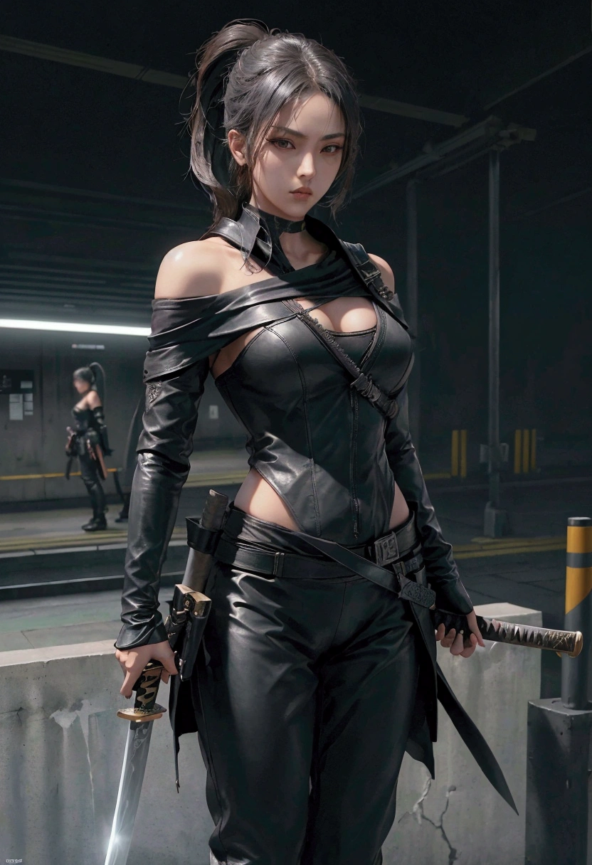 masterpiece, ultra high res, photorealistic, a assassin Girl, wear off shoulder black leather suit, holding a long katana sword, standing behind a concrete pole in subway train station, dynamic pose, low light, shadow effect, photorealism