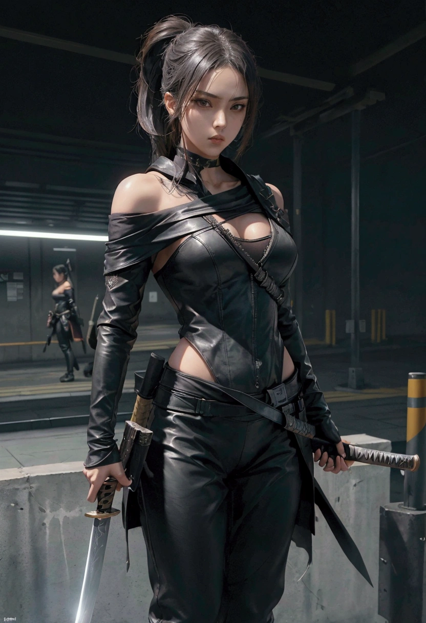 masterpiece, ultra high res, photorealistic, a assassin Girl, wear off shoulder black leather suit, holding a long katana sword, standing behind a concrete pole in subway train station, dynamic pose, low light, shadow effect, photorealism