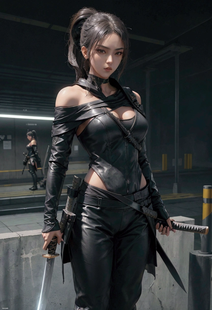 masterpiece, ultra high res, photorealistic, a assassin Girl, wear off shoulder black leather suit, holding a long katana sword, standing behind a concrete pole in subway train station, dynamic pose, low light, shadow effect, photorealism
