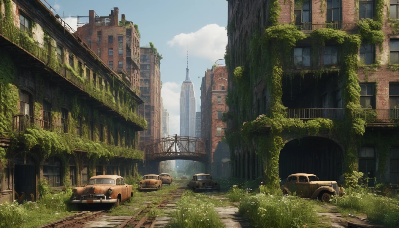 “Create an animation of an abandoned metropolis (New York City) (2022) in the style of Jakub Rozalski * rusty airplane, overgrown with moss, showing signs of decay * Intricate details, including texturing and modeling, in ultra-high quality * Render the scene in 8K resolution with extreme attention to detail The metropolis (New York City) should be overgrown with lush greenery, vines and flowers, bridges covering buildings and streets. Rusty cars should be in various states of disrepair, with visible corrosion and oxidation. Include subtle lighting and atmospheric effects to create a sense of depth and immersion. Deliver a detailed, seamless, and high-quality 3D animation that meets these requirements.”