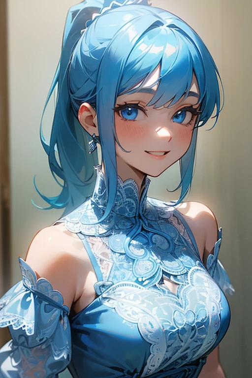 (masterpiece: 1.2, Highest quality), (Actual Photos, Intricate details), 1. woman, alone, Upper Body, casual, Shoulder-length hair, Minimal makeup, Natural materials, Face close-up, smile, Home, (Light blue hair).blue eyes, Shoulder Bare、Smiling with teeth showing、((Lace Outfit))、ponytail、(In the gap between my breasts).