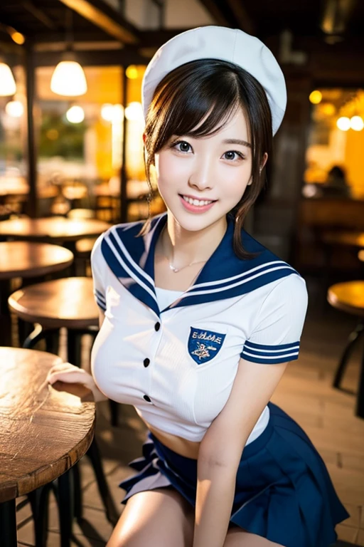 (2girls, youthful & beautiful women, age 20s, wearing the iconic japanese highschool uniform,  white shirt with buttons, pleated mini-skirt, red neck collar ribbon, serafuku, ponytail hair, short hair, bob hair with side bangs, sailor hat, sailor uniform,
BREAK
 Friendly Kind smile, beautiful detailed eyes, very detailed eyes & facial features, long eyelashes, beautiful detailed lips, natural color lips, dimpled cheeks, snaggle-tooth, ample bosom, huge breasts, perfect body anatomy, natural poses, the cowboy shot, high angle camera shot, sitting in an outdoor cafe,
BREAK 
 Photorealism, Ultra-realistic, portrait, vivid colours, photo-realistic, UHD, 4k, 8k, ultra-detailed, finely detailed, high resolution, masterpiece, best quality, illustration, perfect dynamic composition, bokeh night background, safe for work, SFW)