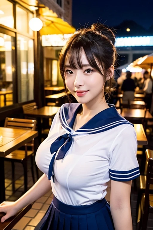 (2girls, youthful & beautiful women, age 20s, wearing the iconic japanese highschool uniform, white shirt with buttons, pleated mini-skirt, red neck collar ribbon, serafuku, ponytail hair, short hair, bob hair with side bangs, sailor hat, sailor uniform,
BREAK
Friendly Kind smile, beautiful detailed eyes, very detailed eyes & facial features, long eyelashes, beautiful detailed lips, natural color lips, dimpled cheeks, snaggle-tooth, ample bosom, huge breasts, perfect body anatomy, natural poses, the cowboy shot, high angle camera shot, sitting in an outdoor cafe,
BREAK
Photorealism, Ultra-realistic, portrait, vivid colours, photo-realistic, UHD, 4k, 8k, ultra-detailed, finely detailed, high resolution, masterpiece, best quality, illustration, perfect dynamic composition, bokeh night background, safe for work, SFW)