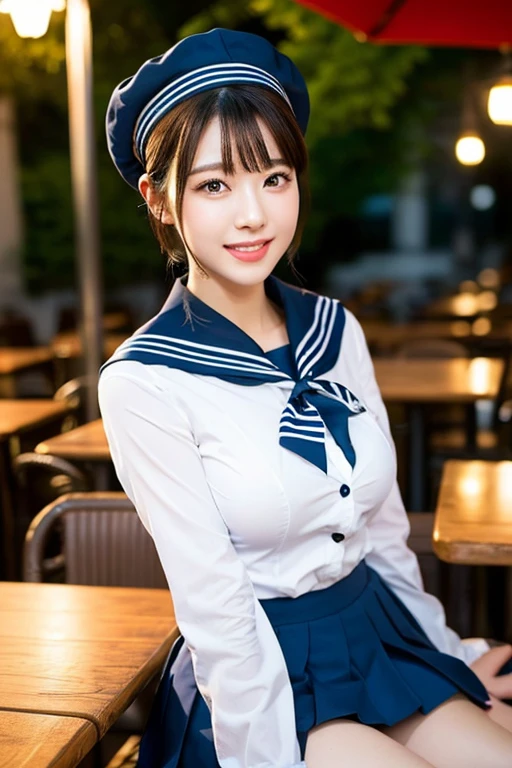 (2girls, youthful & beautiful women, age 20s, wearing the iconic japanese highschool uniform,  white shirt with buttons, pleated mini-skirt, red neck collar ribbon, serafuku, ponytail hair, short hair, bob hair with side bangs, sailor hat, sailor uniform,
BREAK
 Friendly Kind smile, beautiful detailed eyes, very detailed eyes & facial features, long eyelashes, beautiful detailed lips, natural color lips, dimpled cheeks, snaggle-tooth, ample bosom, huge breasts, perfect body anatomy, natural poses, the cowboy shot, high angle camera shot, sitting in an outdoor cafe,
BREAK 
 Photorealism, Ultra-realistic, portrait, vivid colours, photo-realistic, UHD, 4k, 8k, ultra-detailed, finely detailed, high resolution, masterpiece, best quality, illustration, perfect dynamic composition, bokeh night background, safe for work, SFW)