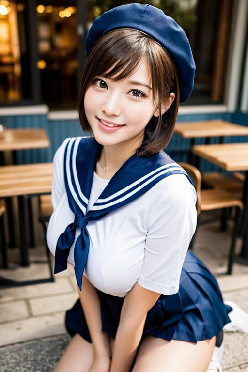 (2girls, youthful & beautiful women, age 20s, wearing the iconic japanese highschool uniform, white shirt with buttons, pleated mini-skirt, red neck collar ribbon, serafuku, ponytail hair, short hair, bob hair with side bangs, sailor hat, sailor uniform,
BREAK
Friendly Kind smile, beautiful detailed eyes, very detailed eyes & facial features, long eyelashes, beautiful detailed lips, natural color lips, dimpled cheeks, snaggle-tooth, ample bosom, huge breasts, perfect body anatomy, natural poses, the cowboy shot, high angle camera shot, sitting in an outdoor cafe,
BREAK
Photorealism, Ultra-realistic, portrait, vivid colours, photo-realistic, UHD, 4k, 8k, ultra-detailed, finely detailed, high resolution, masterpiece, best quality, illustration, perfect dynamic composition, bokeh night background, safe for work, SFW)