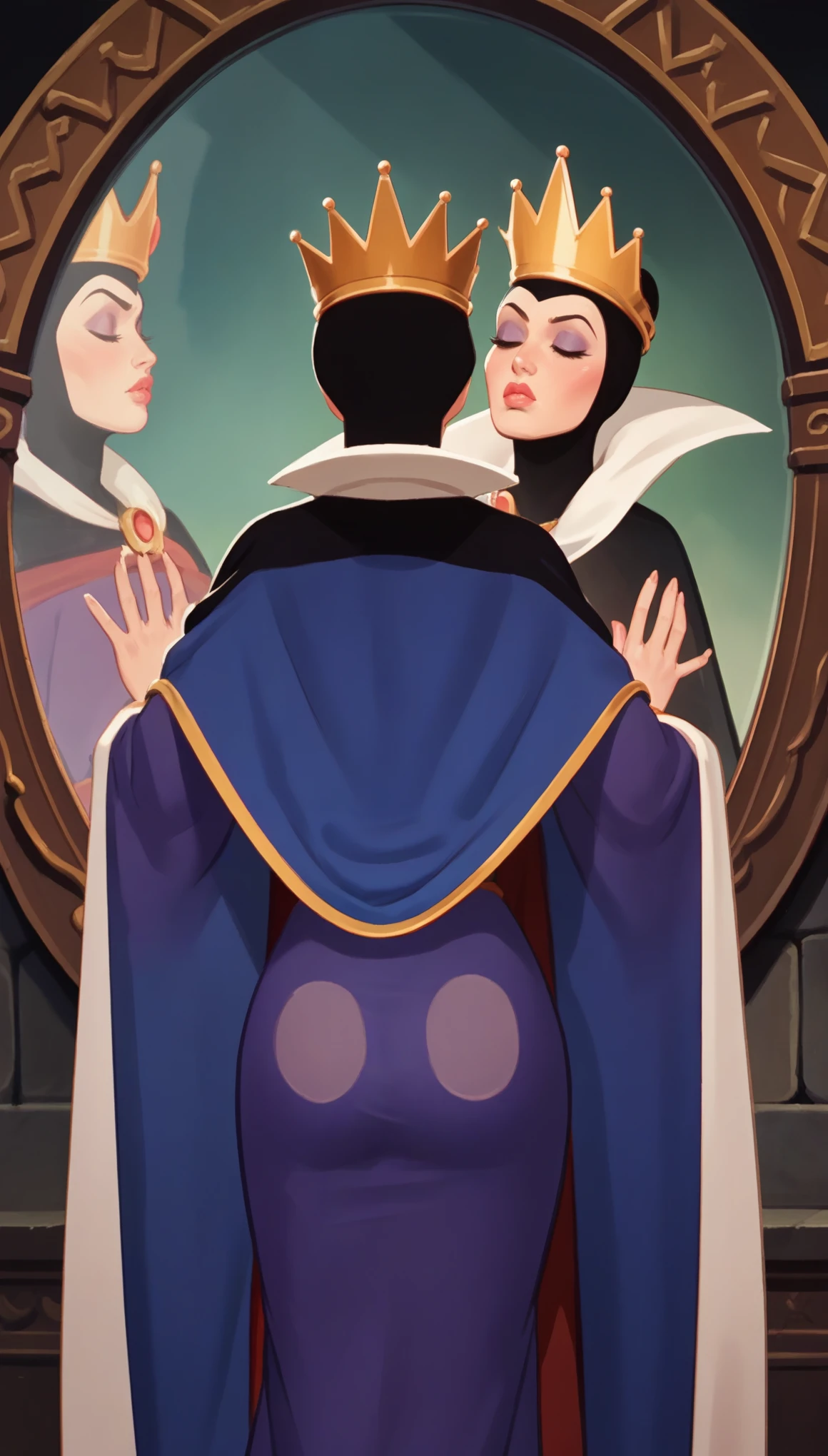 grimhilde, 1girl, cape, cloak, crown, dress, makeup, retro artstyle, robe, (solo), from behind, magic mirror, hands against glass, kissing mirror, head against glass, pointed lips, about to kiss, sexy ass, score_9,score_8_up,score_7_up,source_cartoon, 