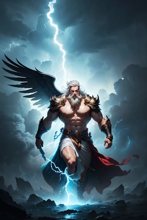 Zeus, with a glowing thunderbolt in his hand, stands atop of stormy clouds. Dark clouds swirl around him, and lightning illuminates the sky. His white glowing eyes shine with power, and his flowing white beard and robes billow in the fierce wind. The scene is dramatic and awe-inspiring.