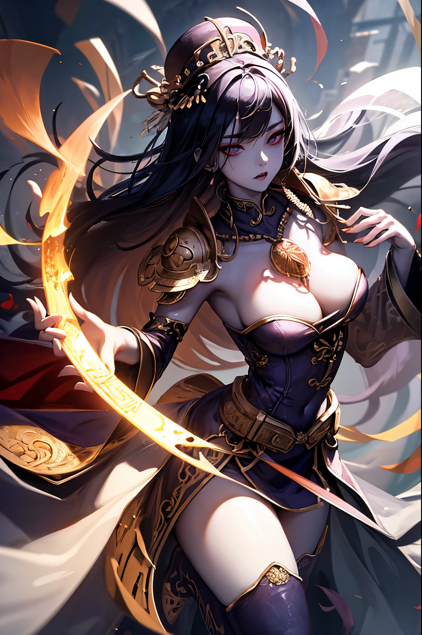 high quality,realistic,[female],[jiang shi],[chinese zombie],[chinese dresses],[qi pao],[talisman on head],[nighttime],[breast exposed], body shape,detailed eyes and face,long eyelashes,pale skin,ominous atmosphere,mysterious aura,classic horror,traditional attire,meticulous details,strong presence,blending of modern and traditional elements,powerful and menacing,ethereal beauty,delicate features,subtle shadows and highlights,sublime aesthetics,rich color palette, masterpieces, full body shot, moon light, sharp fangs, extreme detail, HD, cinematic CG, round-top tall rimmed hat characteristic of a mandarin
