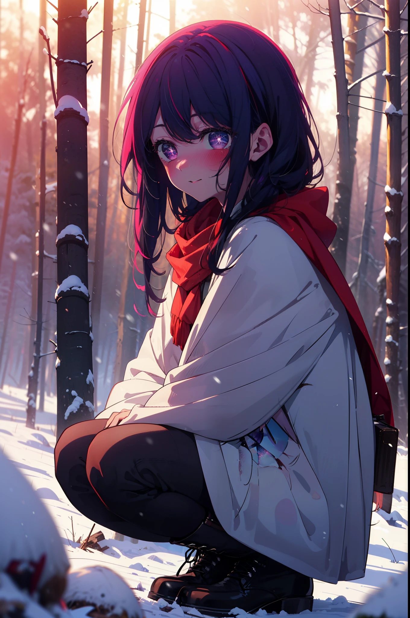 aihoshino, Ai Hoshino, Long Hair, bangs, (Purple eyes:1.1), Purple Hair, (Symbol-shaped pupil:1.5), smile,,smile,blush,white breath,
Open your mouth,snow,Ground bonfire, Outdoor, boots, snowing, From the side, wood, suitcase, Cape, Blurred, , forest, White handbag, nature,  Squat, Mouth closed, Cape, winter, Written boundary depth, Black shoes, red Cape break looking at viewer, Upper Body, whole body, break Outdoor, forest, nature, break (masterpiece:1.2), Highest quality, High resolution, unity 8k wallpaper, (shape:0.8), (Beautiful and beautiful eyes:1.6), Highly detailed face, Perfect lighting, Extremely detailed CG, (Perfect hands, Perfect Anatomy),