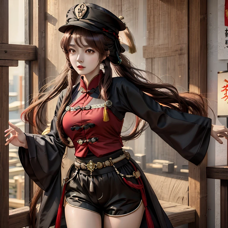 photorealistic, high resolution, 1women, mature female, solo, hips up, hu tao(genshin impact), hat, red eyes, twintails, brown hair, solo, long hair,bangs, black shorts , chinese clothes