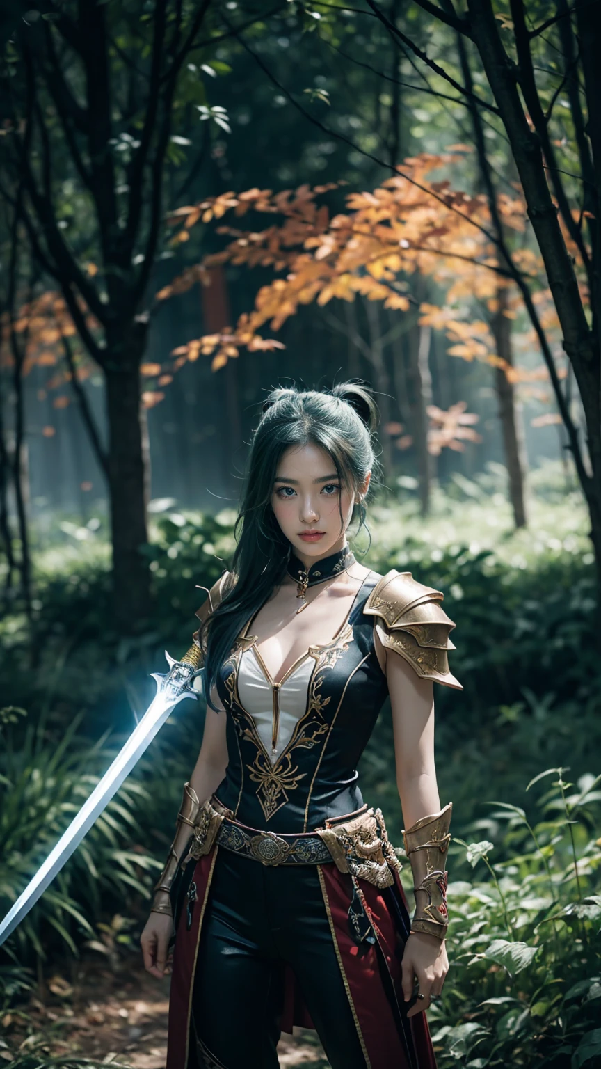 「Brave Sword」Depicting Riven's skin. She wears elegant clothes, No clothes,Huge K-Cup,Made with intricate patterns and flowing fabrics、Samurai-inspired armor. Riven in action, her「Runeblade」Execute the ability, her剣はルーン文字で輝き、Energy pulses through the blade as it is swung with precision.。.