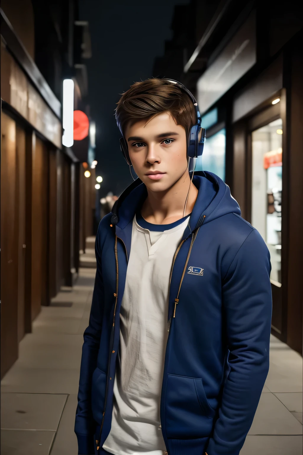 portrait, Young man, dark brown hair, blue eyes, rough complexion, hot, cute, wearing hoodie, wearing over the ear headphones, cell shading, 2D, HD, full body image, portrait, cinematic still, movie still, movie scene, --niji 5 --ar 16:9