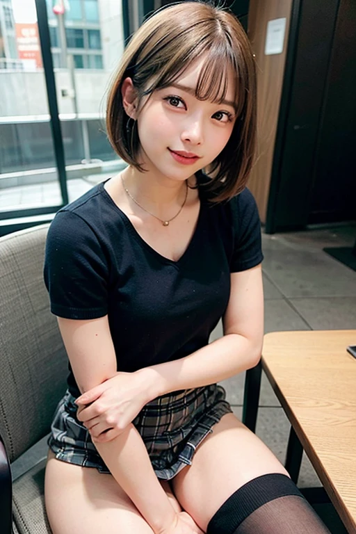 (8k, raw photos:1.2), detailed face and eyes, extremely detailed, ultra-detailed, high quality, masterpiece, hyper detail, sharp focus, realistic, photorealistic, photo-realistic:1.37, cinematic lighting, soft lighting, beautiful girl, blonde hair, bob cut, smiling, sitting on chair, legs spread, zettai ryouiki, skirt, panties visible, posing