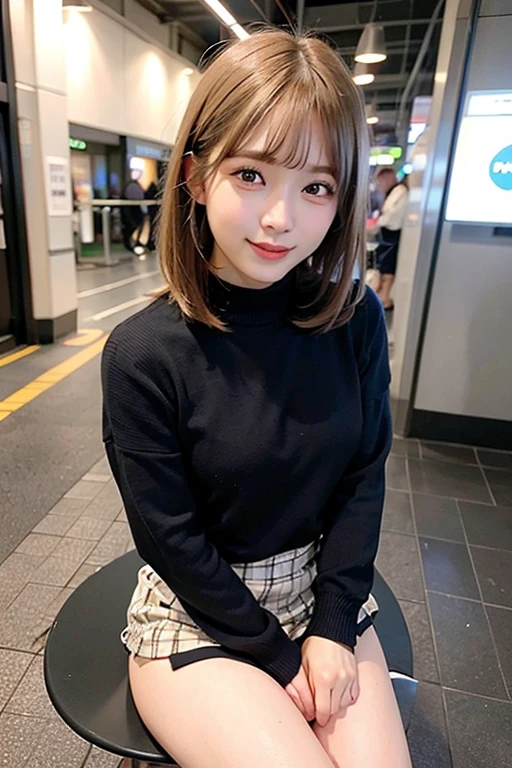(8k, raw photos:1.2), detailed face and eyes, extremely detailed, ultra-detailed, high quality, masterpiece, hyper detail, sharp focus, realistic, photorealistic, photo-realistic:1.37, cinematic lighting, soft lighting, beautiful girl, blonde hair, bob cut, smiling, sitting on chair, legs spread, zettai ryouiki, skirt, panties visible, posing